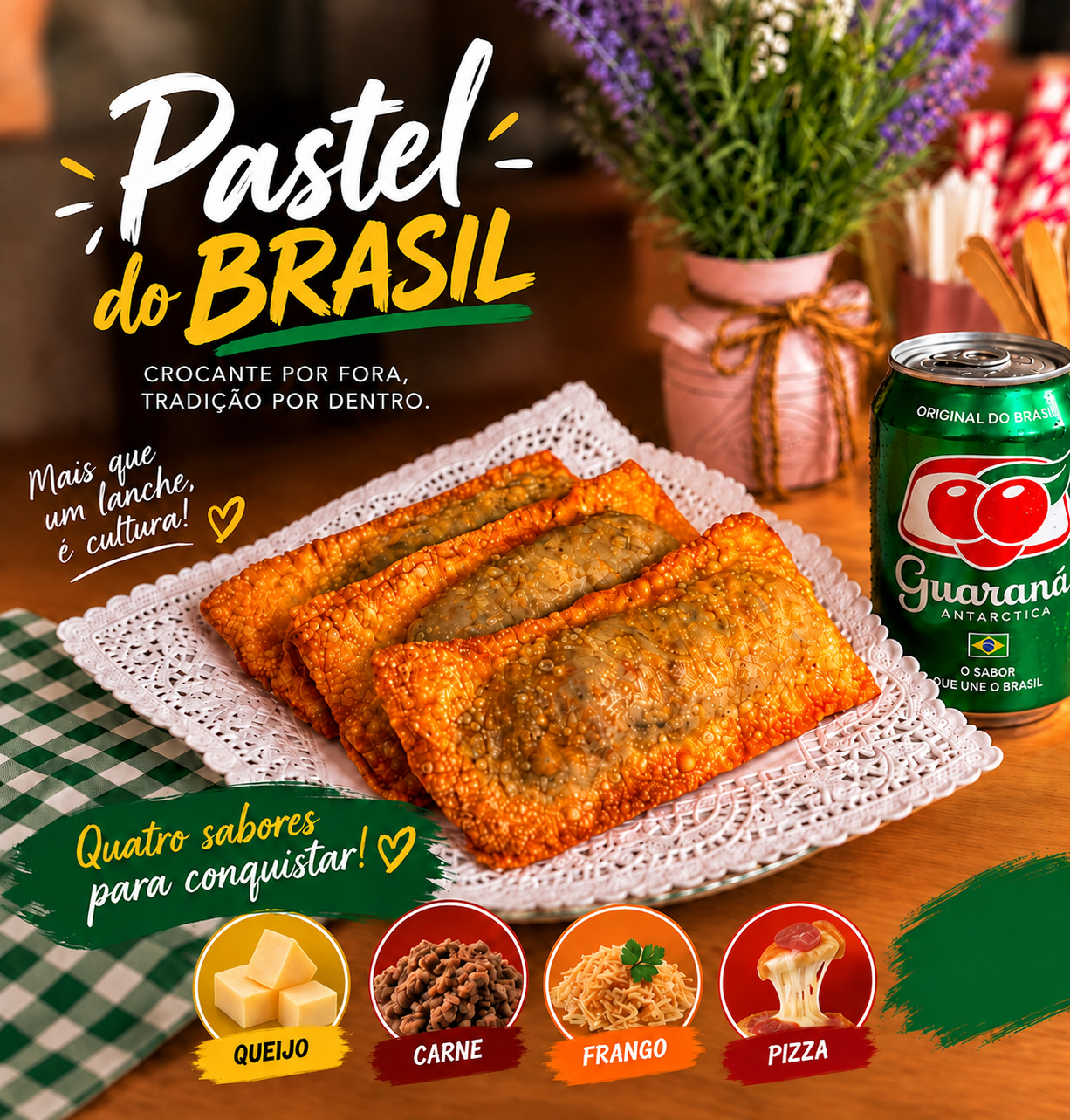 Pastéis dourados em uma travessa, com os quatro sabores disponíveis