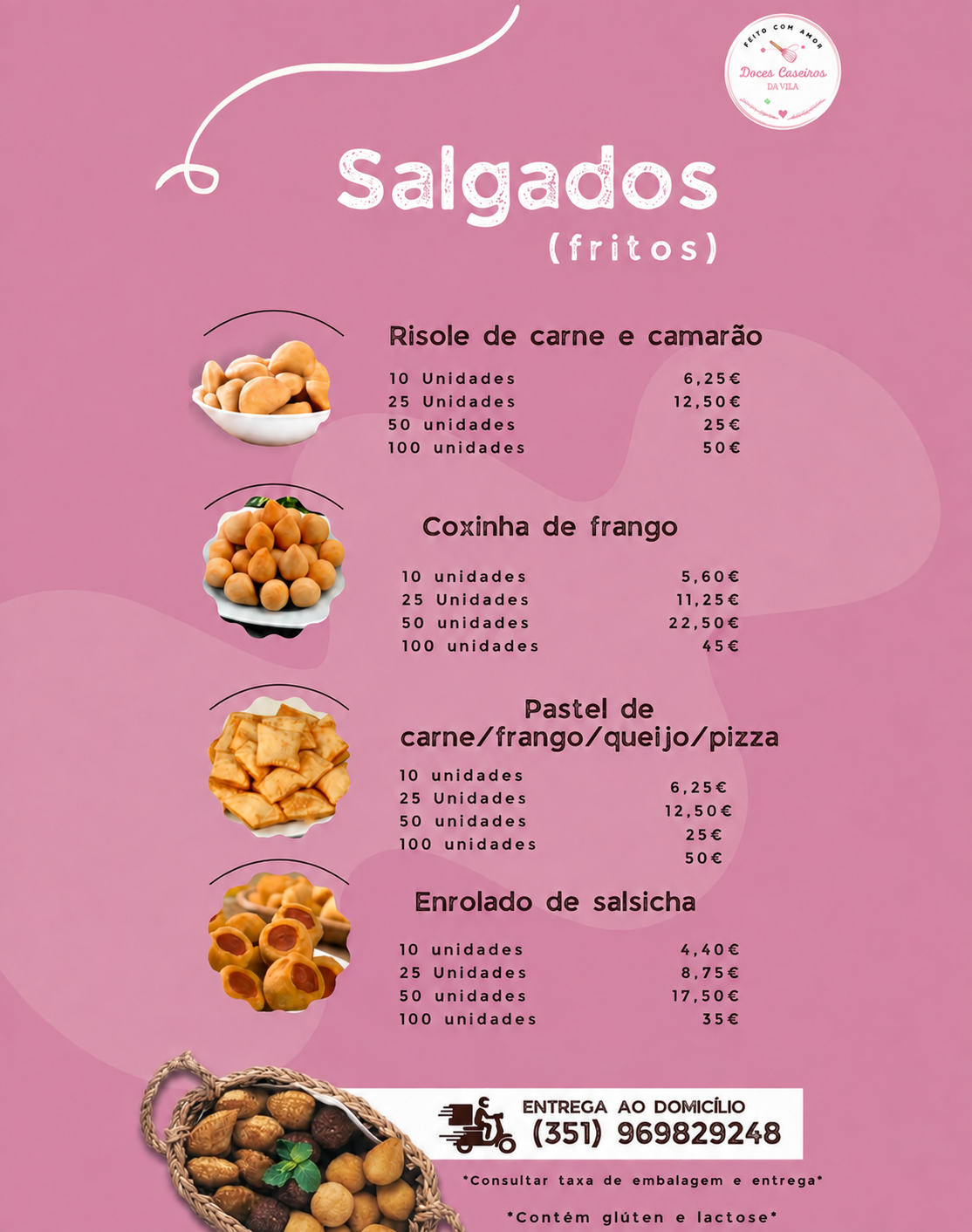 Cardápio de salgados fritos da Vila