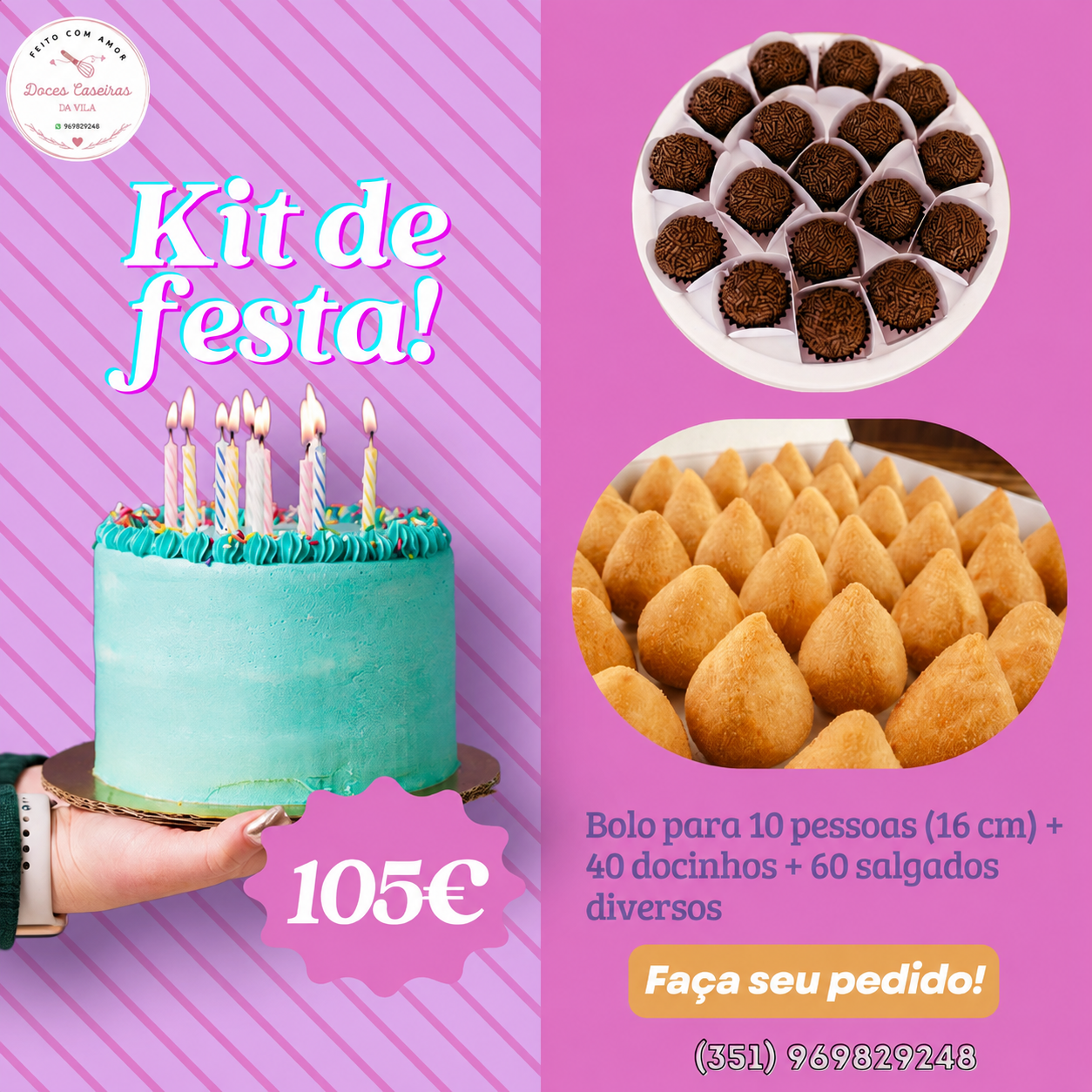 Kit festa com bolo, brigadeiros e salgados