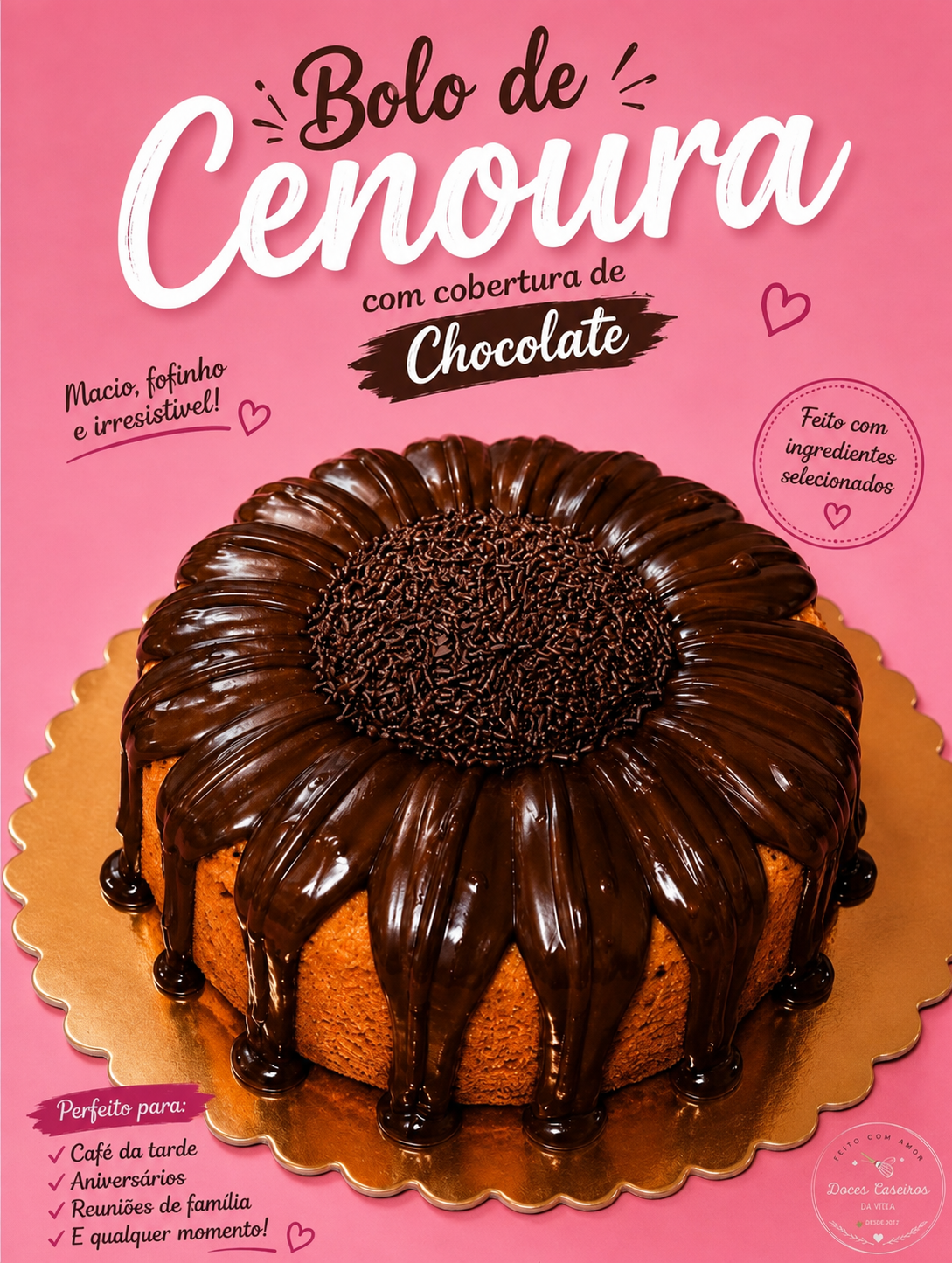 Bolo de cenoura coberto com chocolate e granulado