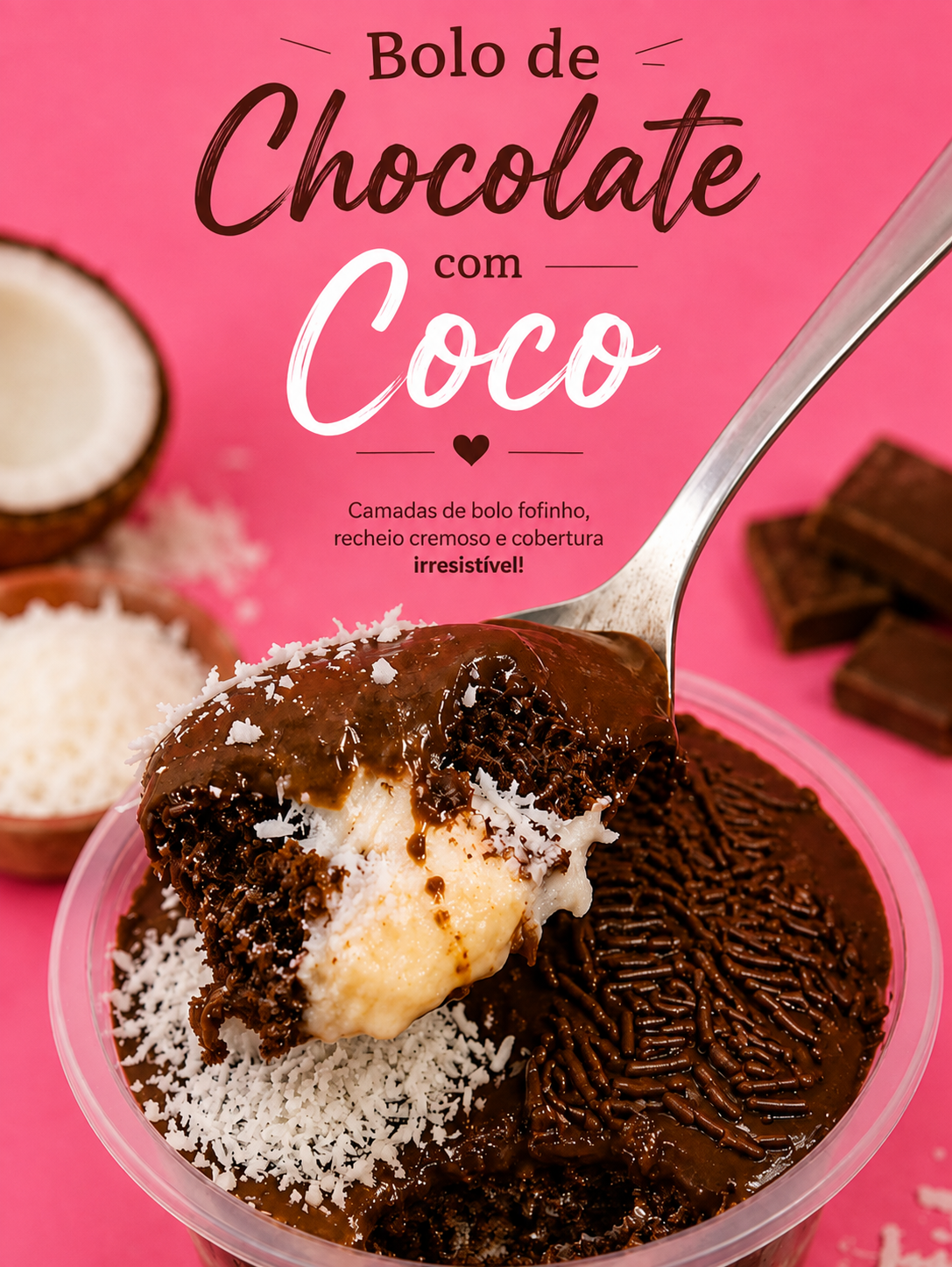 Bolo de chocolate com coco servido em pote, com uma colher mostrando o recheio