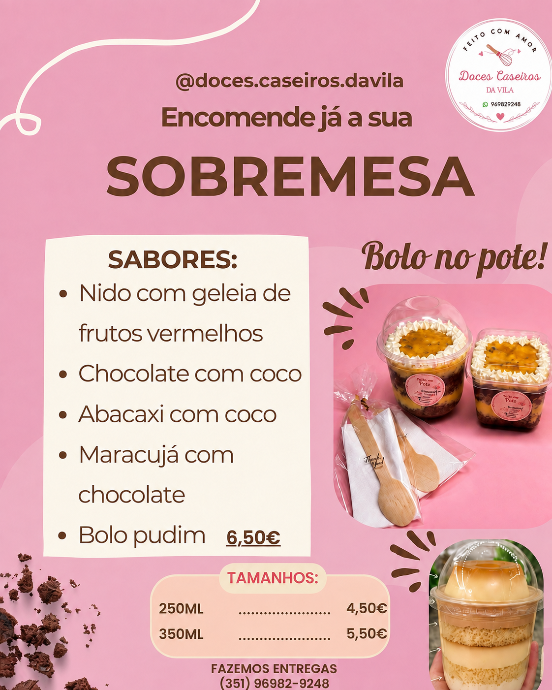 Cartaz de sobremesas com bolo pudim e opções de bolo no pote