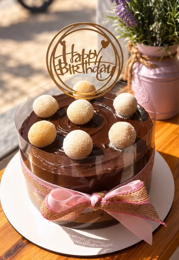 Bolo de aniversário com chocolate, docinhos brancos e um laço rosa